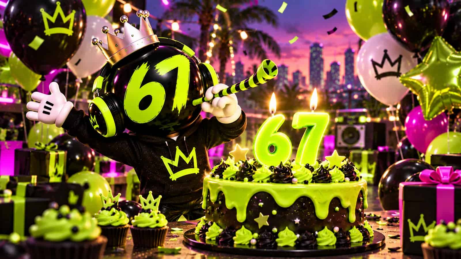 A birthday cake with lime 67 candles, balloons and the mascot blowing a party horn