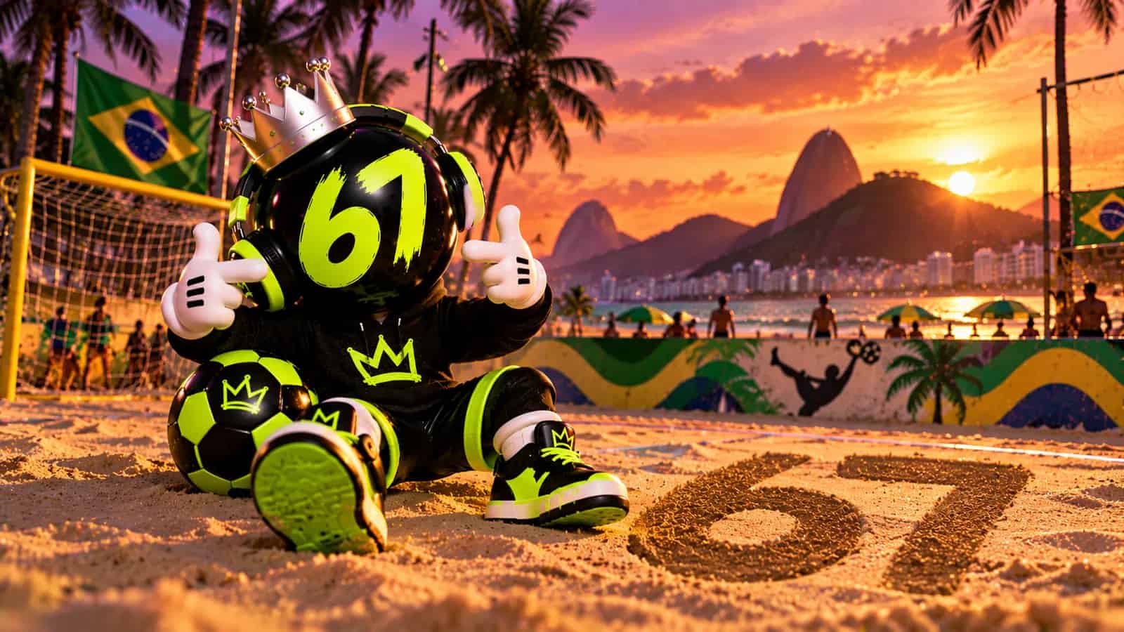 The mascot on a Rio beach basketball court with a big 67 drawn in the sand at sunset