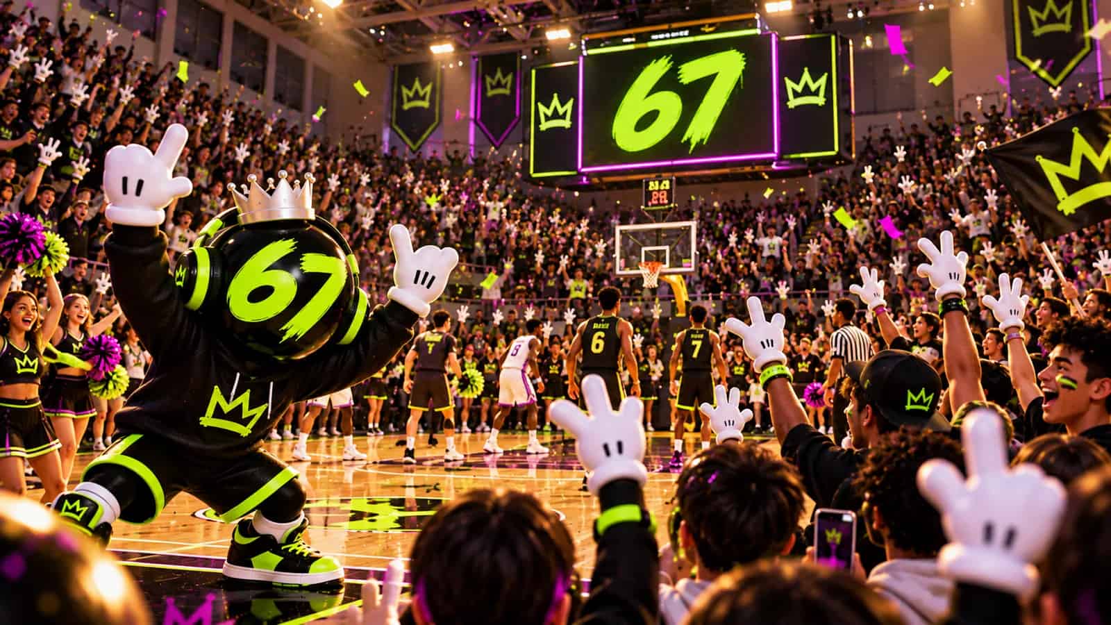 Students in a packed gym waving their hands with a big 67 on the scoreboard