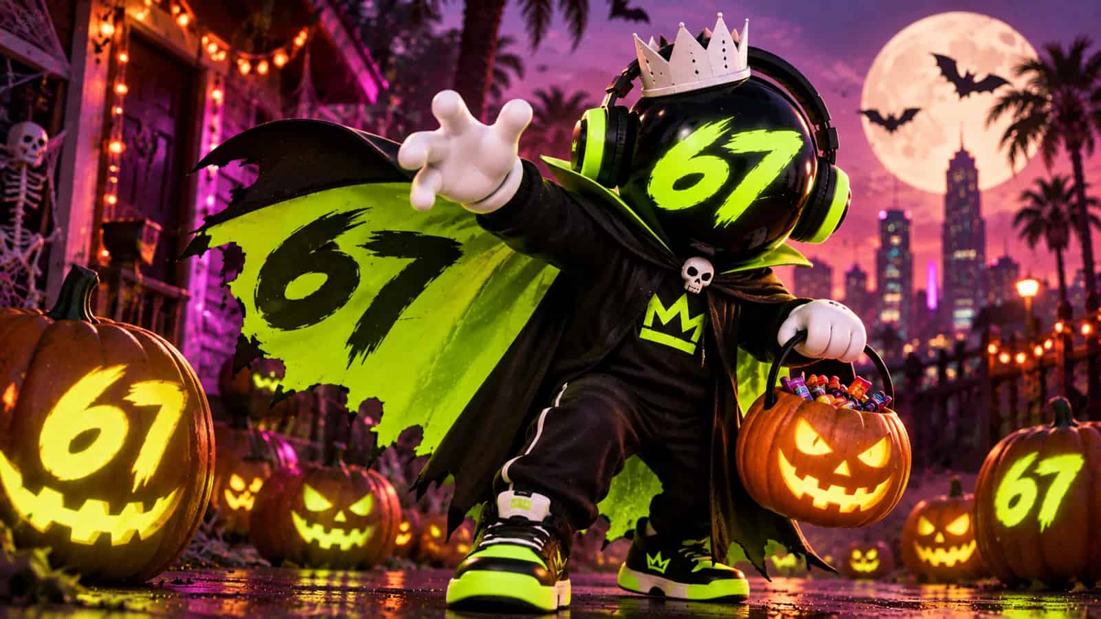 The mascot in a Halloween costume with a 67 cape beside pumpkins carved with 67