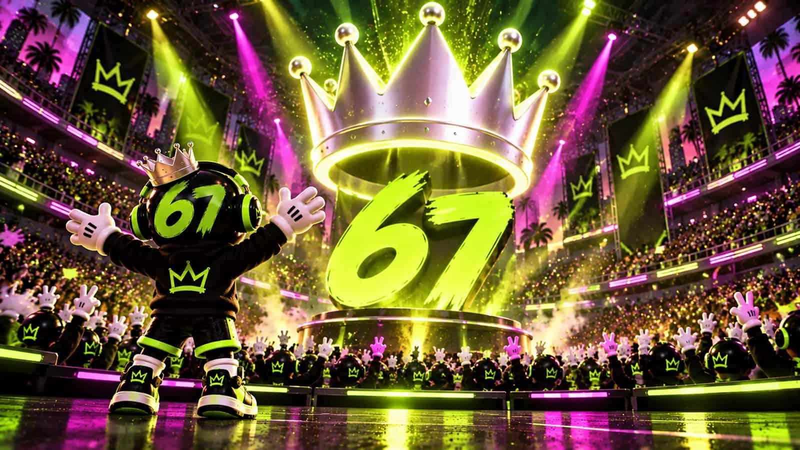 A giant white crown floating above a glowing 67 under arena spotlights