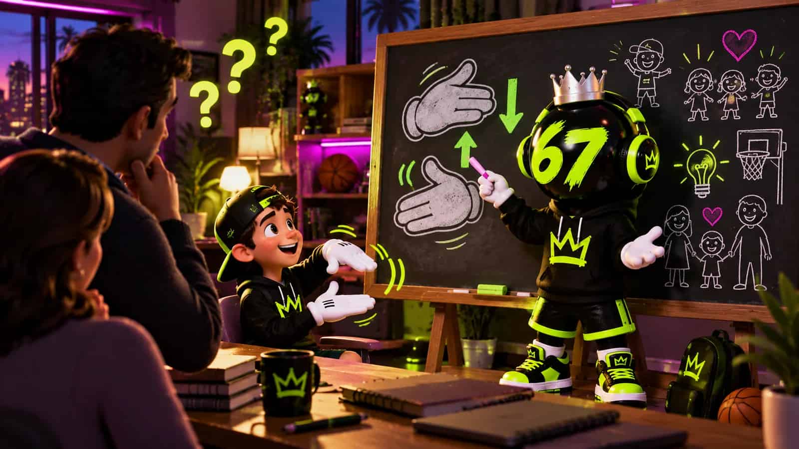 A confused parent silhouette watching a kid do the gesture while the mascot explains at a chalkboard