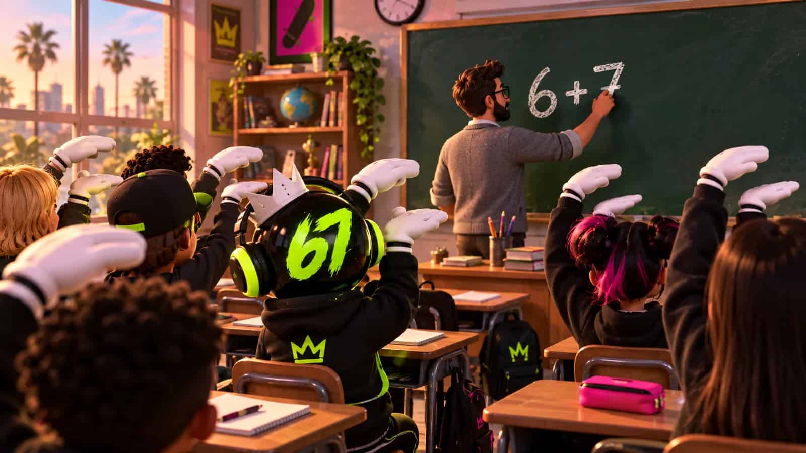 A teacher writing 6+7 on a whiteboard while the whole class does the gesture