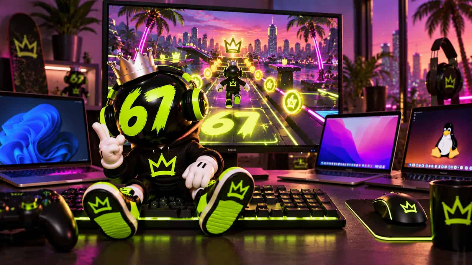 A desk setup with the 67 game full screen on a monitor and the mascot sitting on the keyboard
