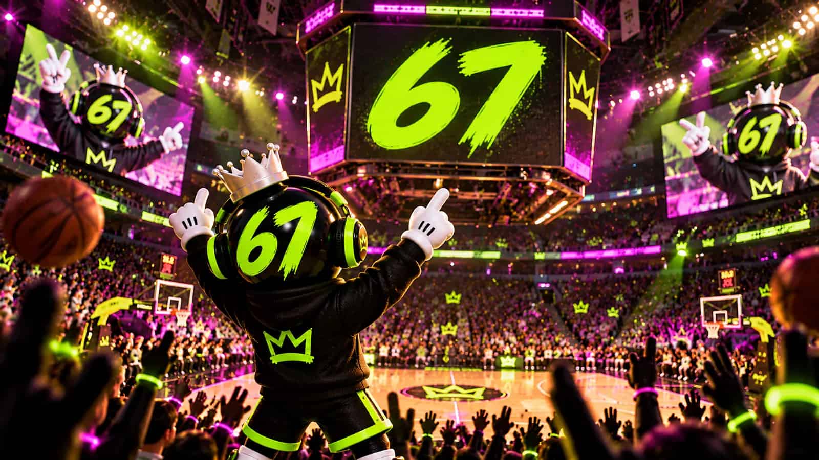 An arena scoreboard reading 67 with a crowd going wild and the mascot on the big screen