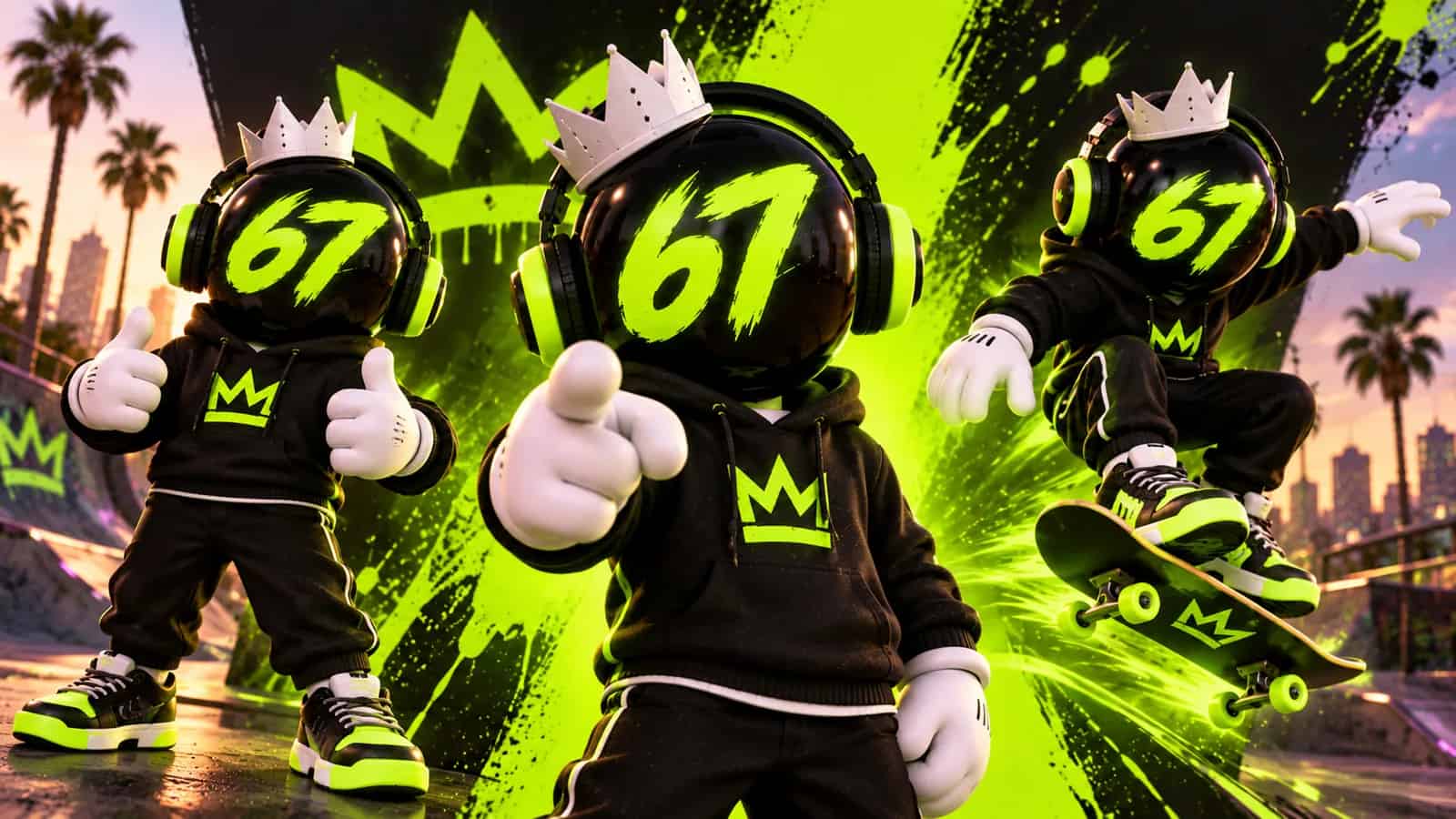 Portrait of the mascot in three poses, thumbs up, pointing and skating, on lime and black