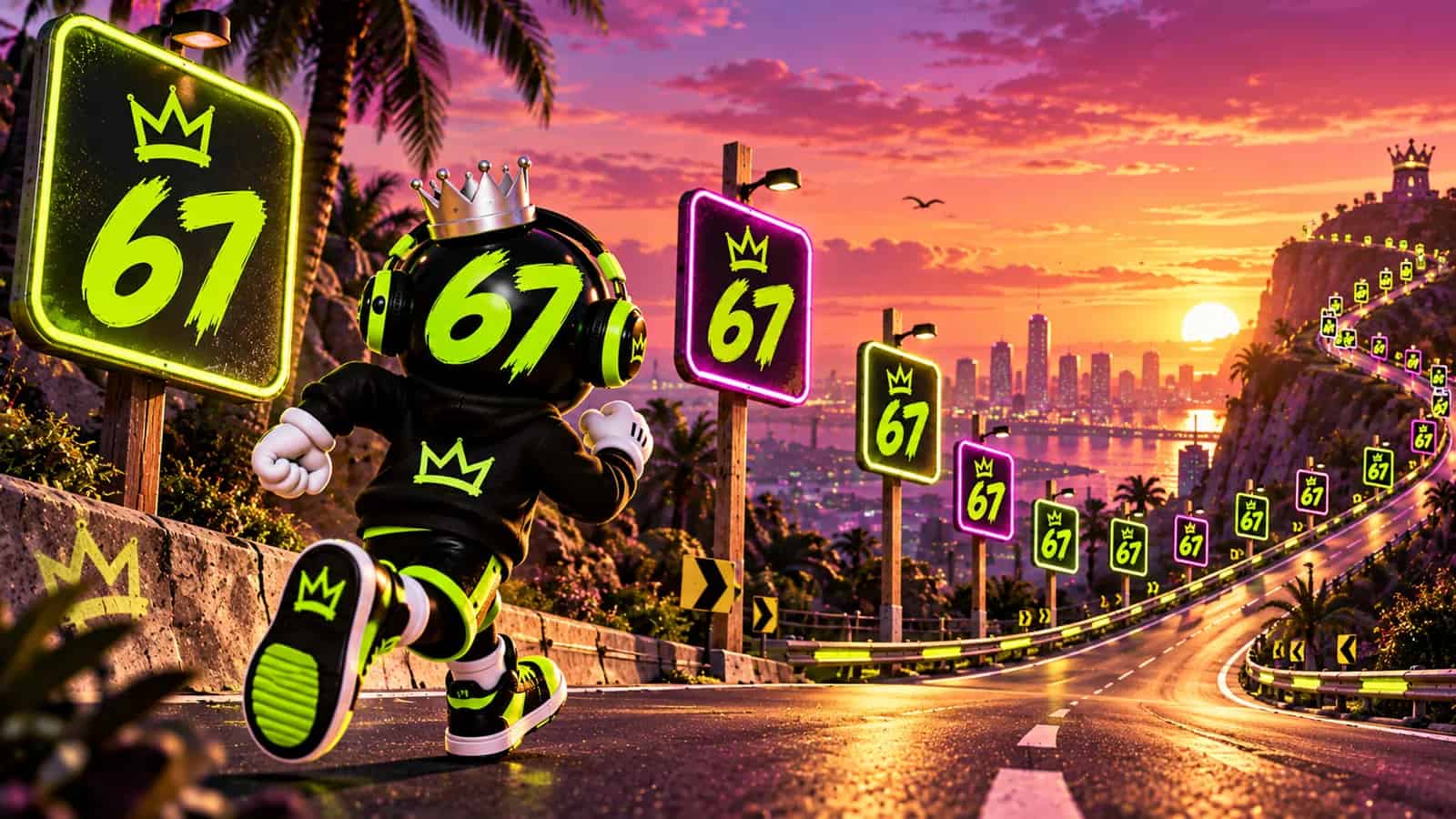 A road with 67 signs as milestones and the mascot running along it