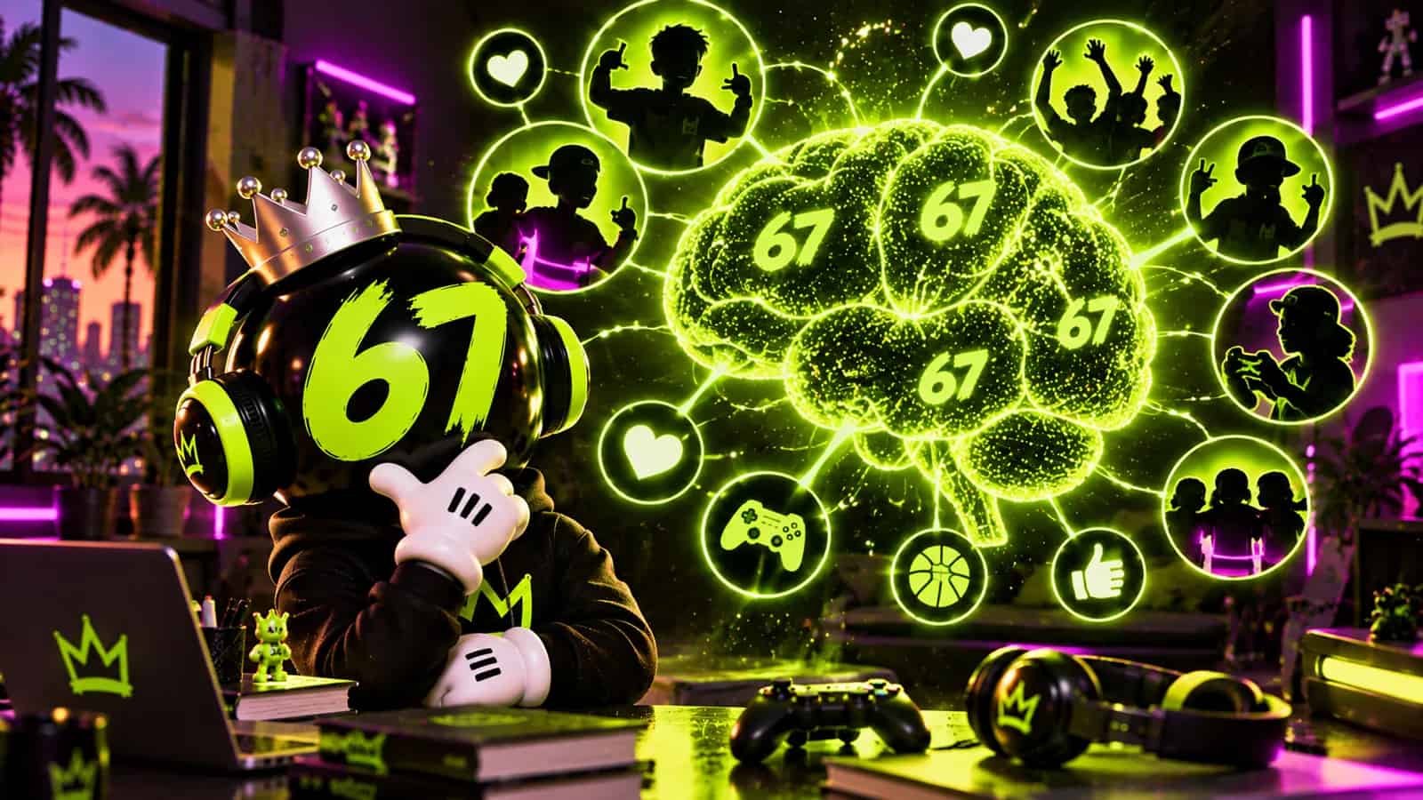 A brain made of glowing lime dots patterned with 67 while the mascot thinks
