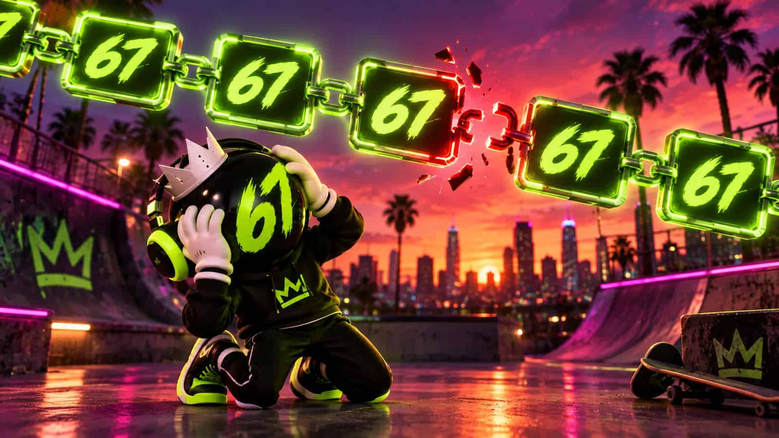 A chain of glowing 67 signs linked like a combo with one broken red link
