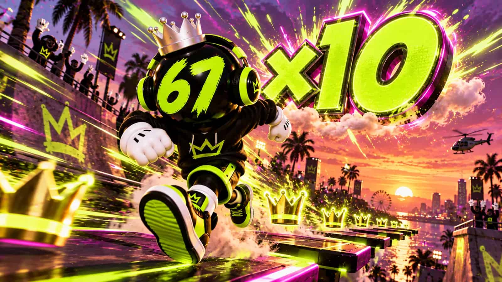The mascot sprinting with a huge combo in the sky, sparks and lime speed lines
