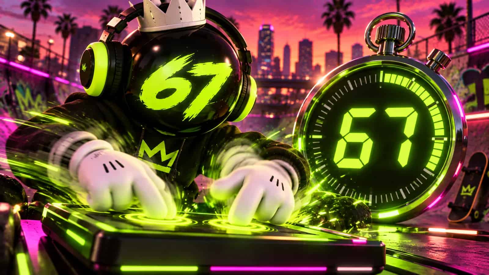 A stopwatch at 67 seconds with the two gloves tapping in a blur of lime particles