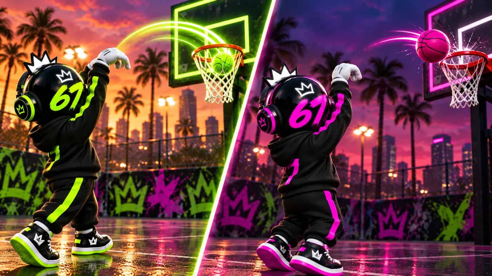 A split screen showing the mascot shooting a swish on one side and a rim shot on the other