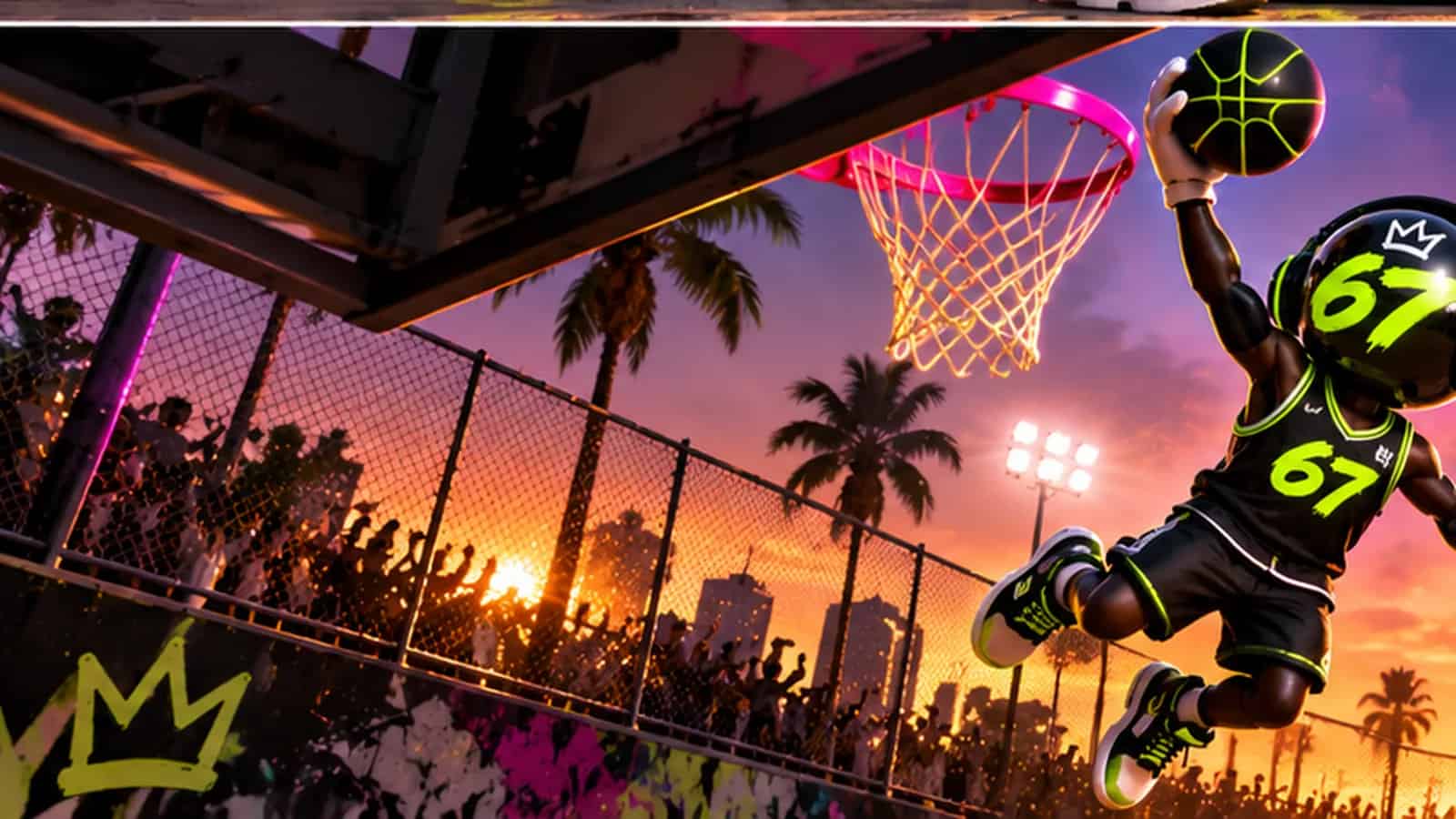 The 67 mascot in a basketball jersey dunking under a giant neon 67 scoreboard