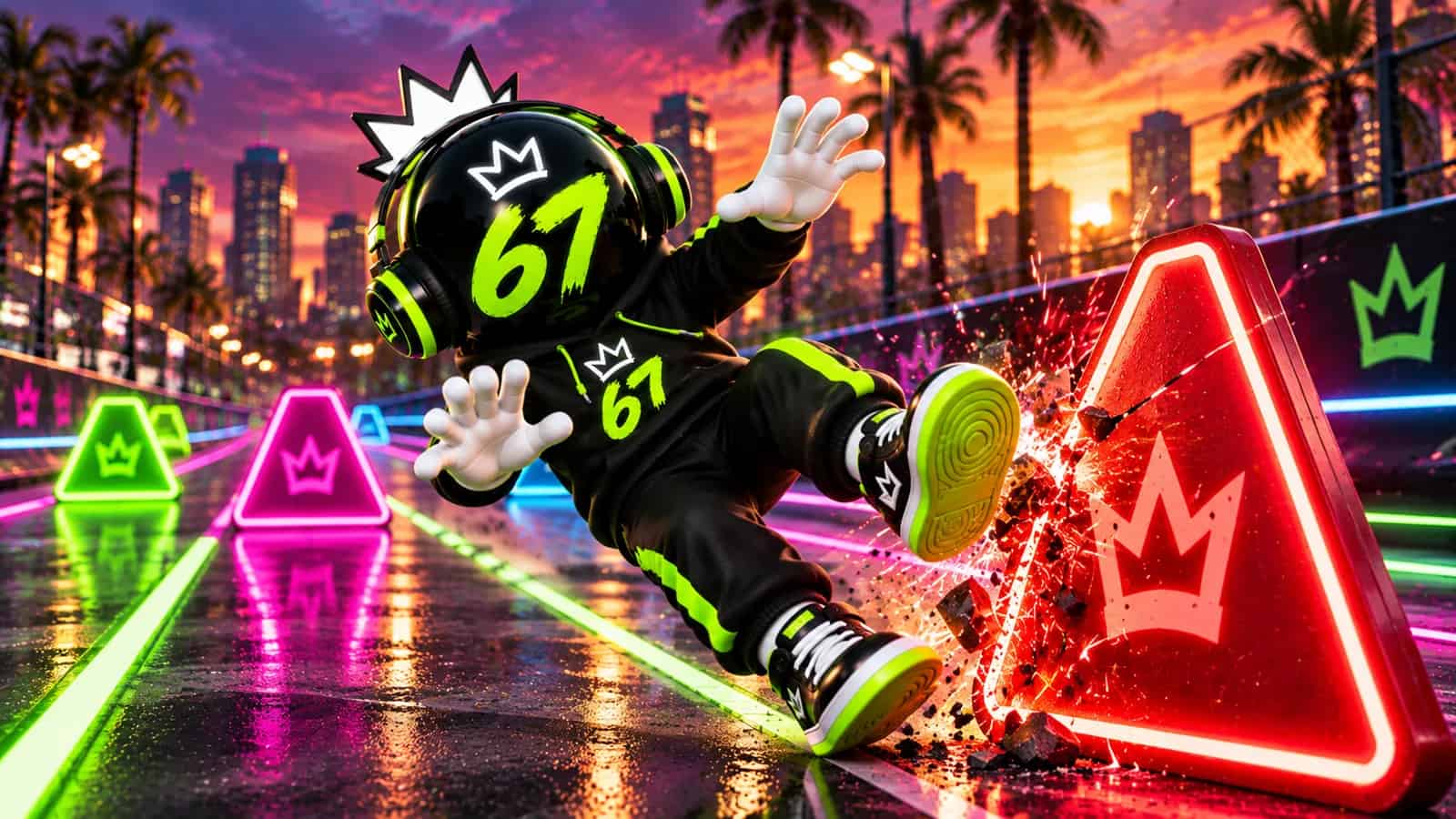The mascot stumbling as it clips a glowing red decoy sign with sparks flying