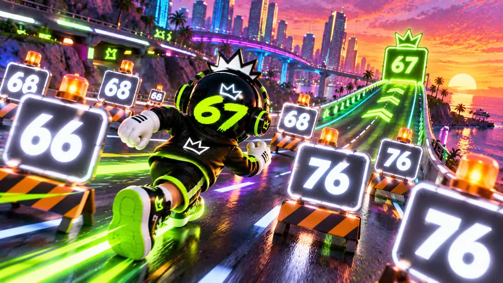 The mascot weaving through a cluster of glowing white decoy signs toward one lone lime 67 sign ahead