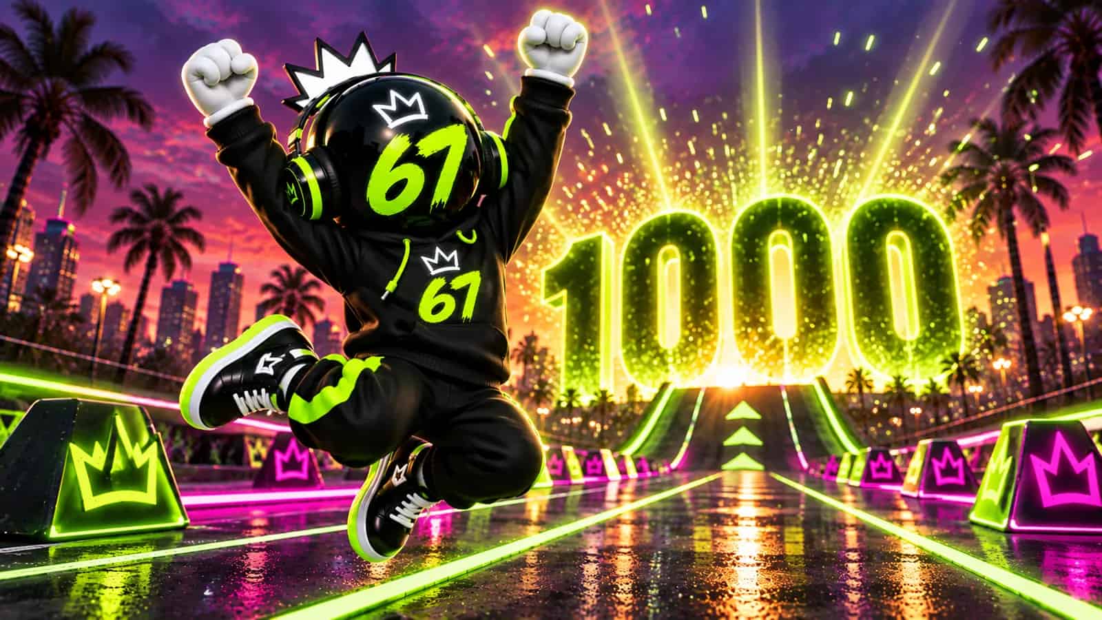 The mascot leaping as a glowing numeral 1000 rises on the horizon behind it in a shower of lime sparks