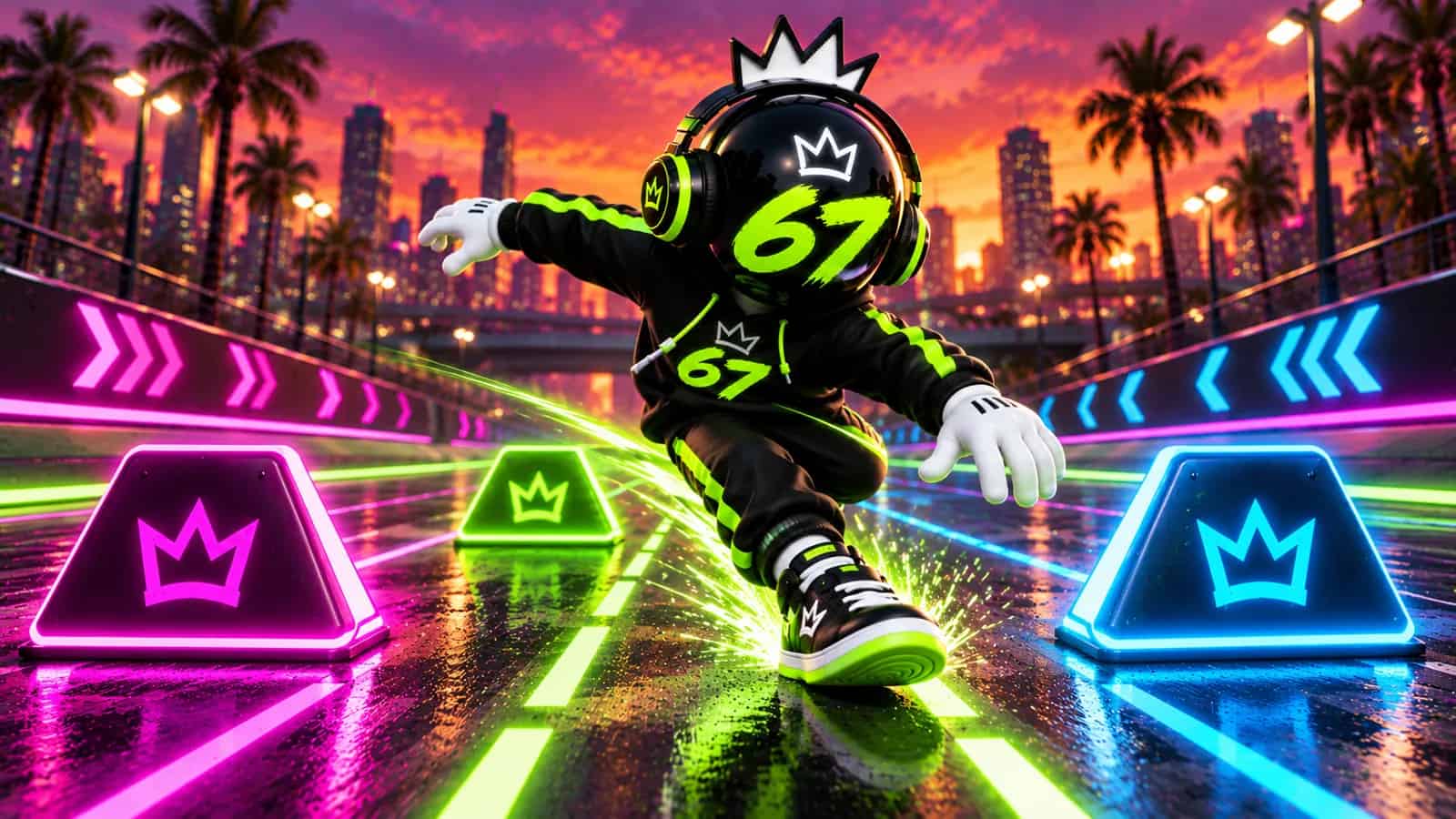 The mascot mid stride snapping sideways between three glowing lane markers on a neon highway