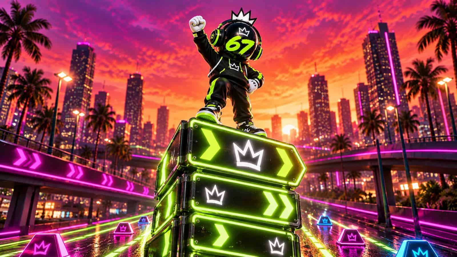 The mascot standing atop a tall podium built from stacked glowing 67 signs against the city skyline