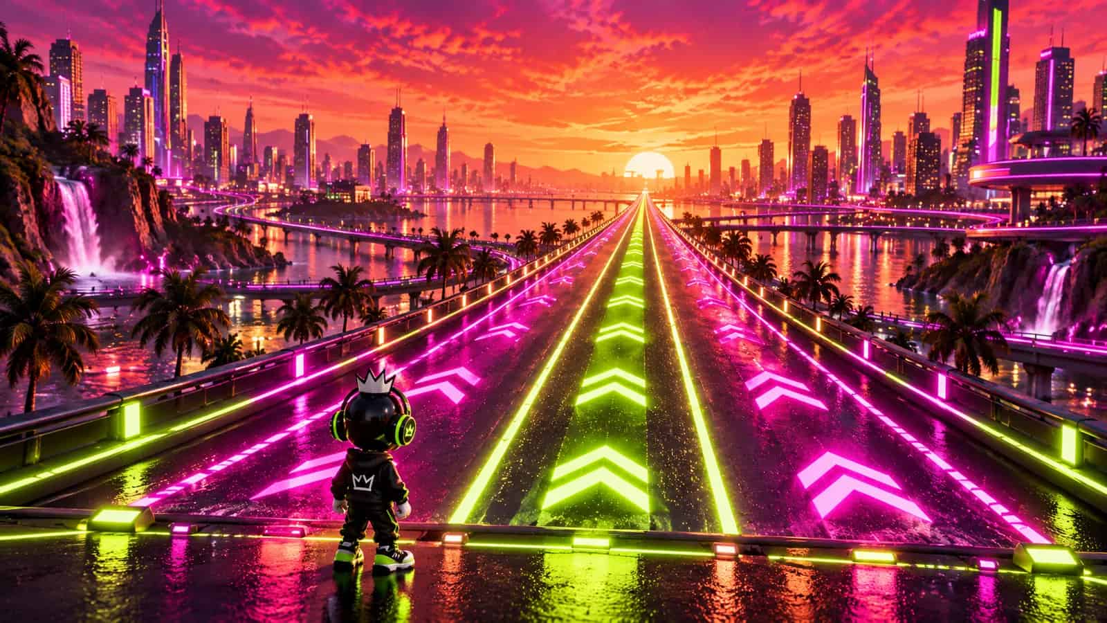 A wide cinematic shot of the mascot standing small at the start of an endless glowing three lane highway
