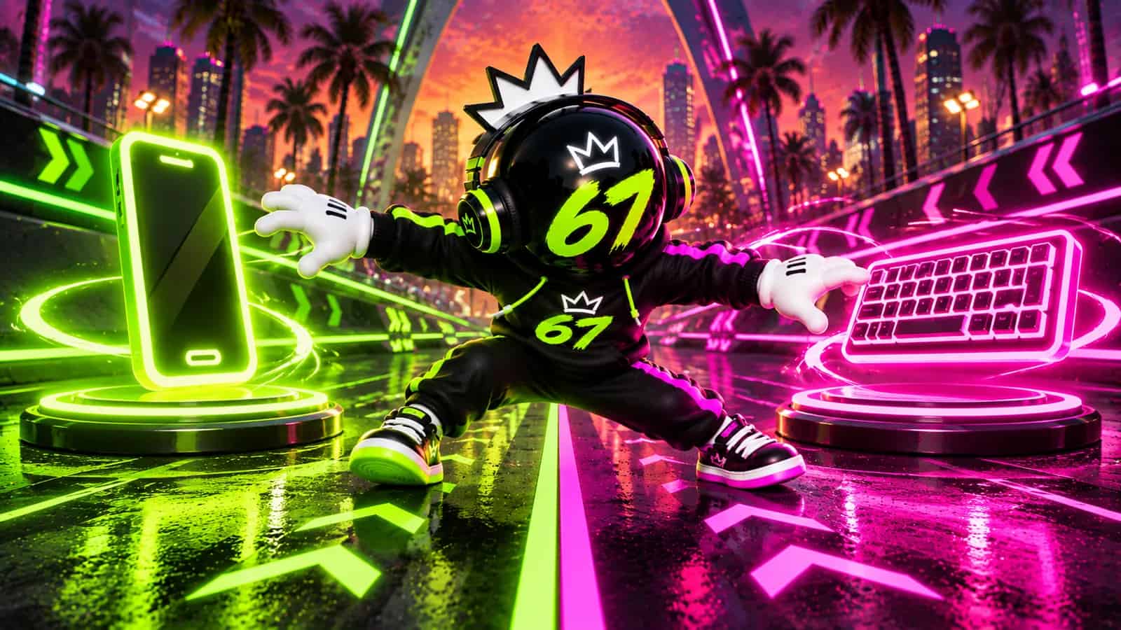 A split neon highway with the mascot reaching toward a glowing phone icon on one side and a keyboard icon on the other