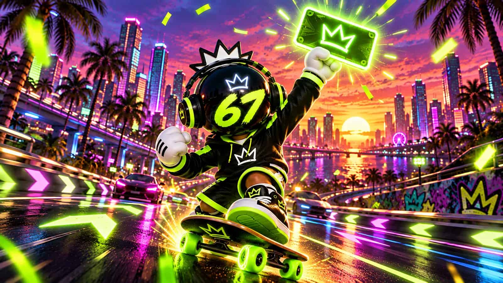 The mascot holding up a glowing rectangular share card like a trophy on the neon highway