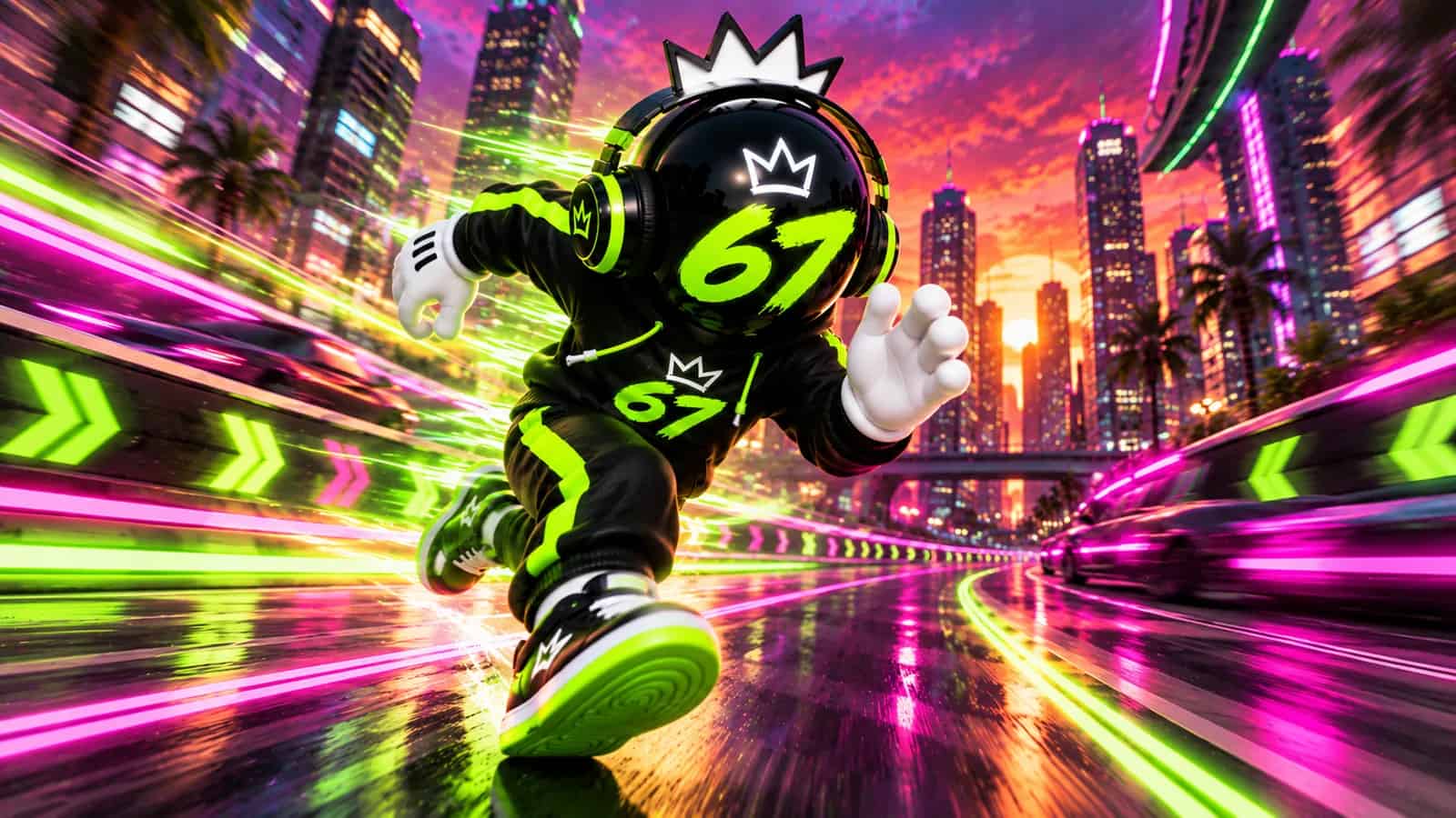 The mascot sprinting through blurred neon speed lines as city towers rush past on both sides