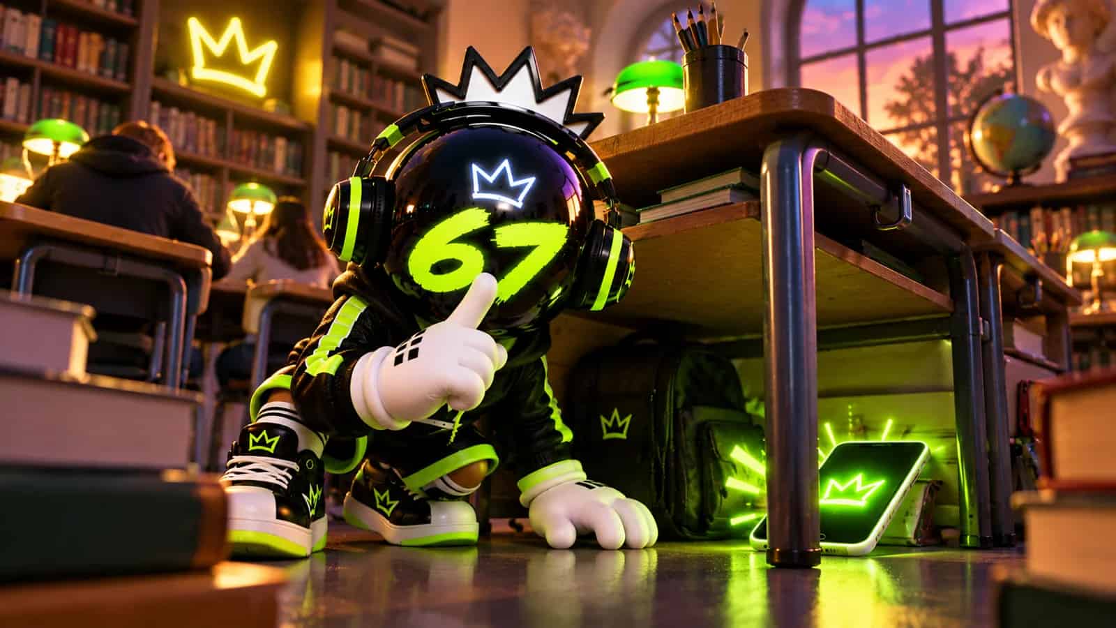 The 67 mascot with a finger over its mouth in a hushed library while a phone glows silently under a desk