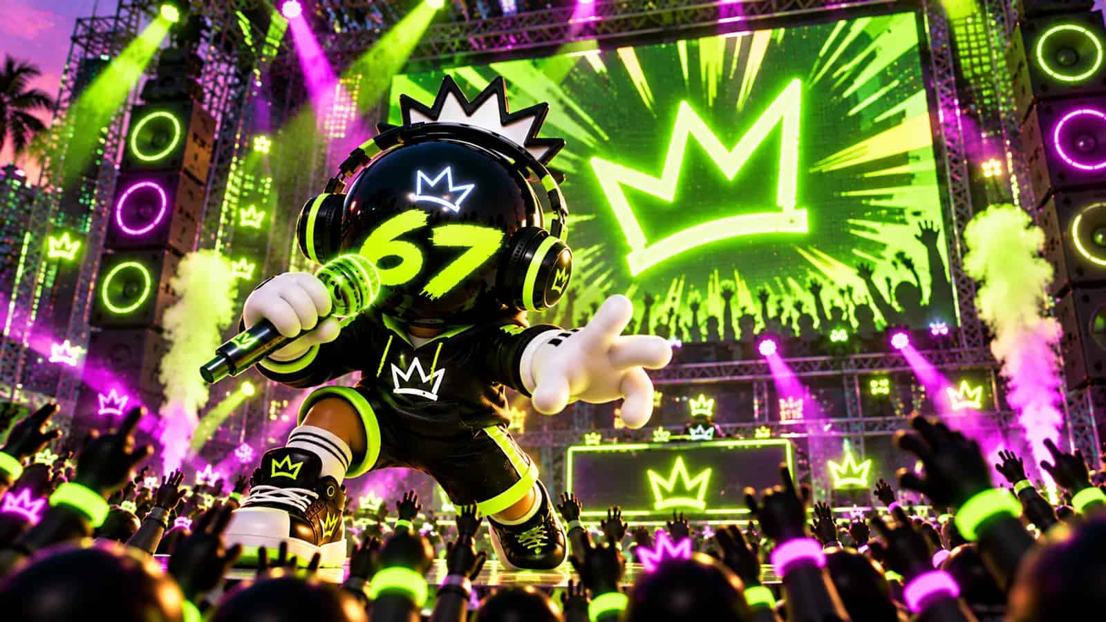 The 67 mascot with headphones shouting into a glowing microphone as the number 67 lights up on a screen