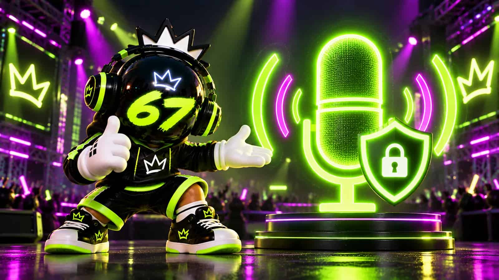 A glowing microphone icon with a small on device shield badge next to the 67 mascot in headphones