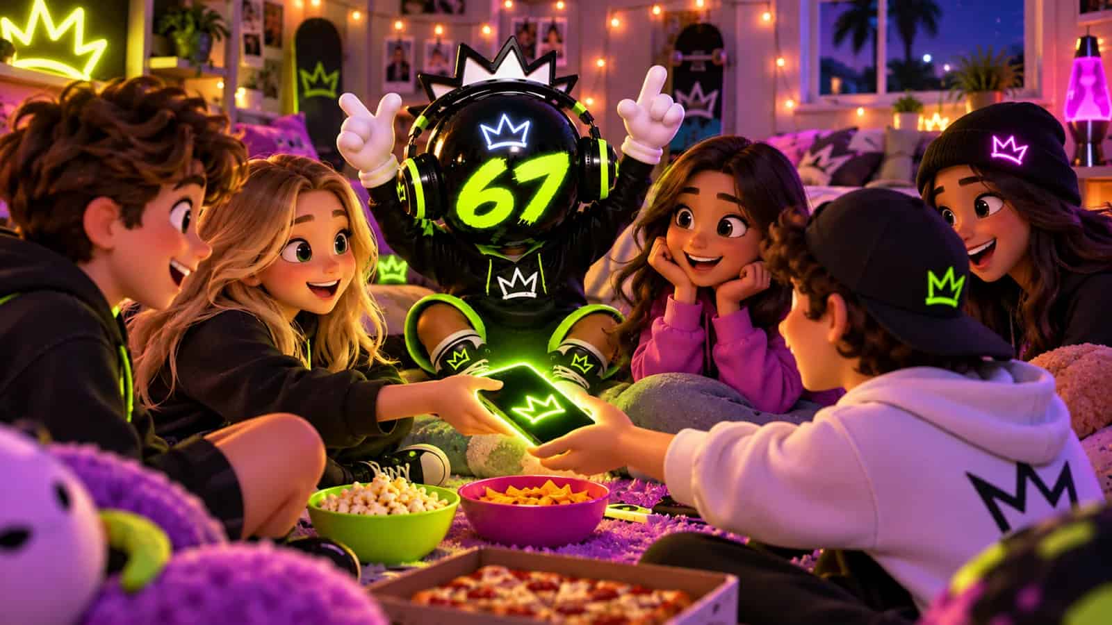 A circle of friends passing a glowing phone at a sleepover while the mascot cheers with headphones on