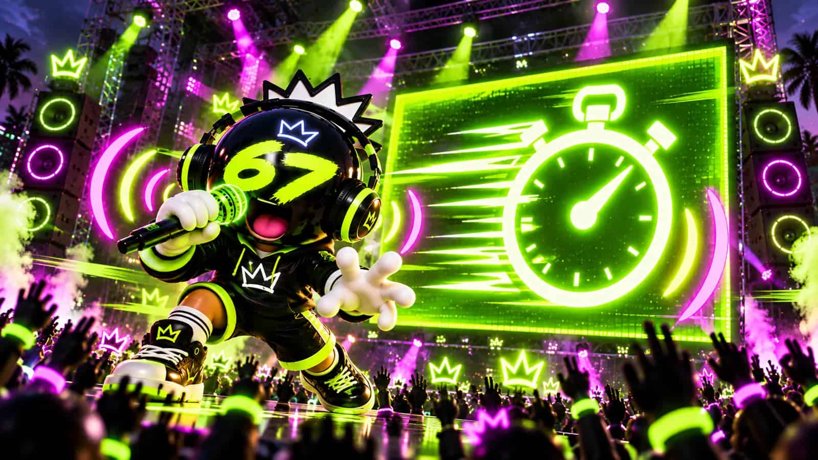 A stopwatch overlay with fast motion lines around the number 67 as the mascot reacts with wide eyes