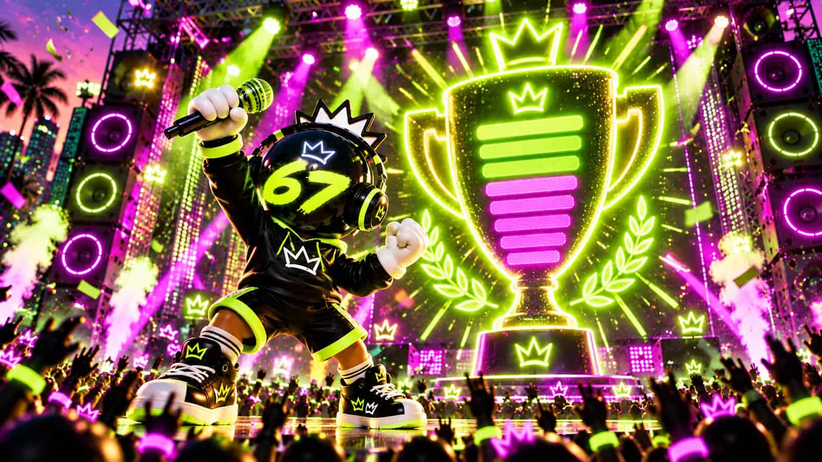 The mascot mid shout in a spotlight with a glowing trophy shaped leaderboard graphic in the background