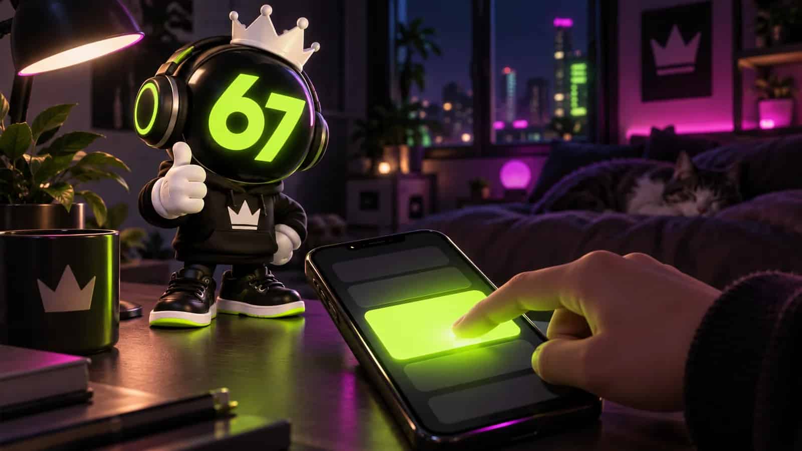 A finger tapping a glowing phone screen showing the number 67 while the mascot gives a thumbs up in a quiet room