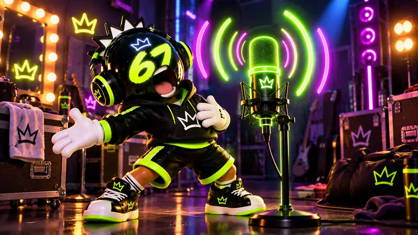 The mascot doing an exaggerated stretch and vocal warmup pose with sound waves before a glowing microphone