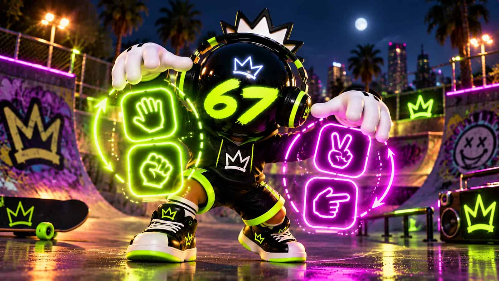 The 67 mascot grouping four glowing gesture icons into two clustered pairs with its gloved hands