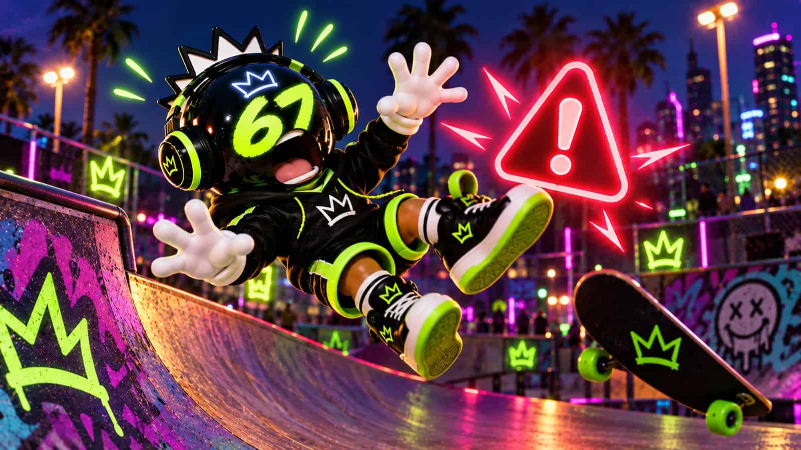 The 67 mascot stumbling backward off a skate ramp with arms flailing near a red flash icon