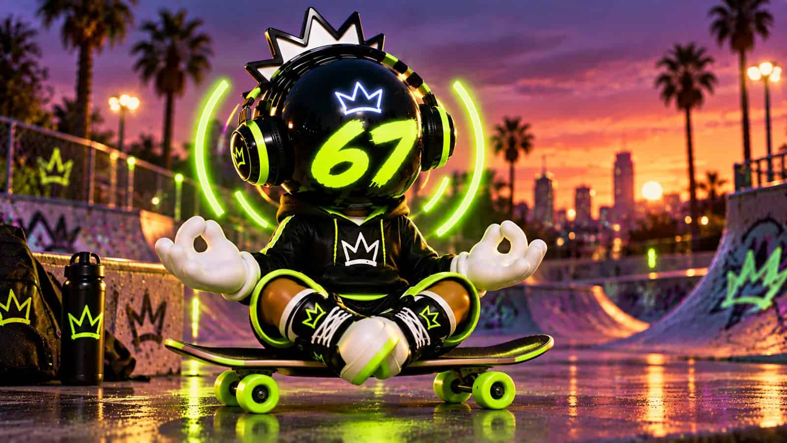 The 67 mascot sitting cross legged and calm on a skateboard with soft glow rings around it