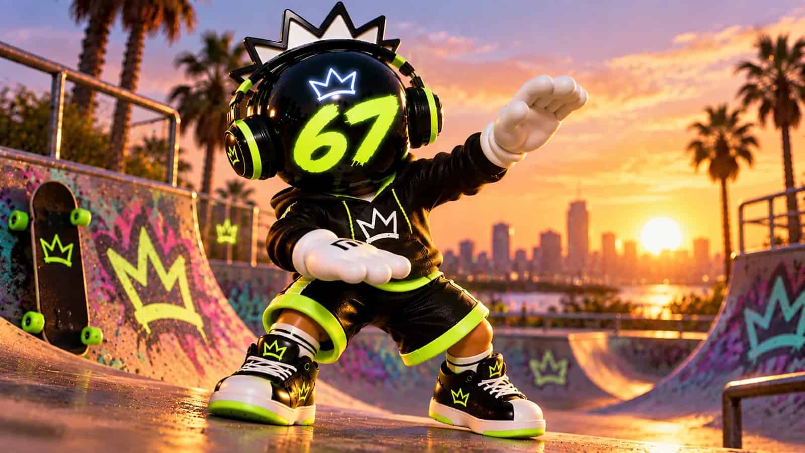 The 67 mascot mid gesture with one palm up and one palm down on a skate ramp at sunrise