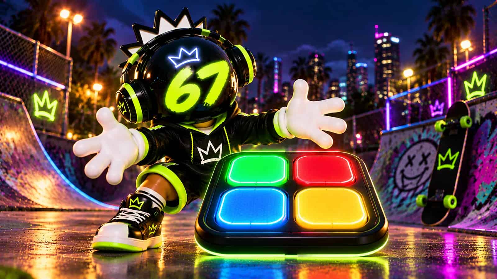 The 67 mascot raising both gloves in a watch me pose in front of a glowing four pad memory board