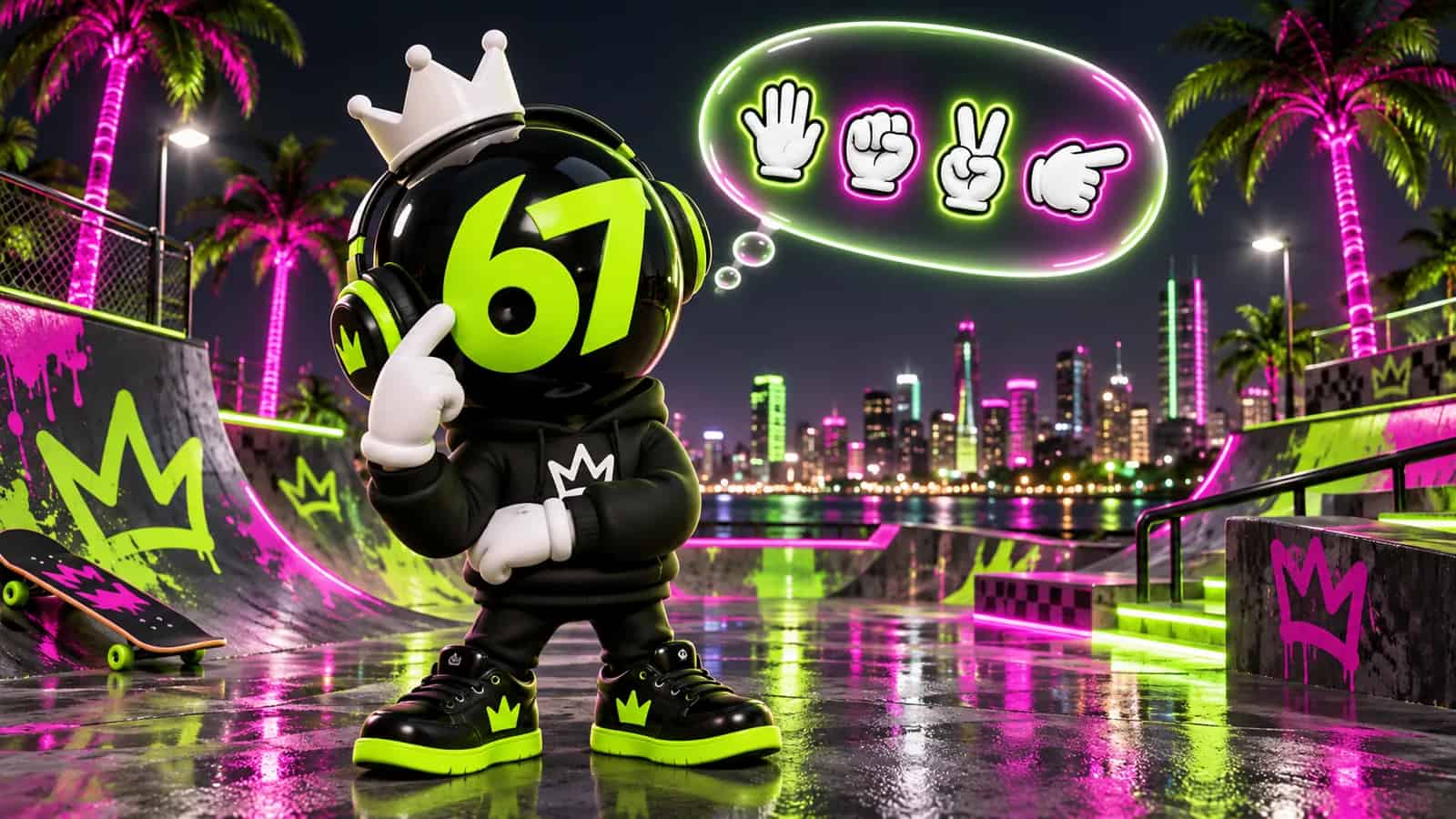 The 67 mascot tapping its temple with a glowing thought bubble of gesture icons above its head