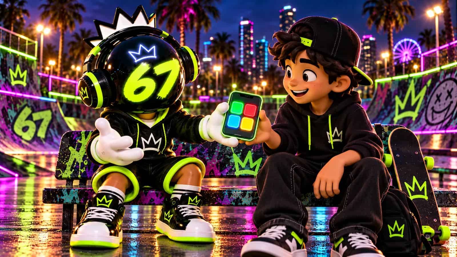 The 67 mascot handing a glowing phone showing the Simon board to a friend on a skate park bench