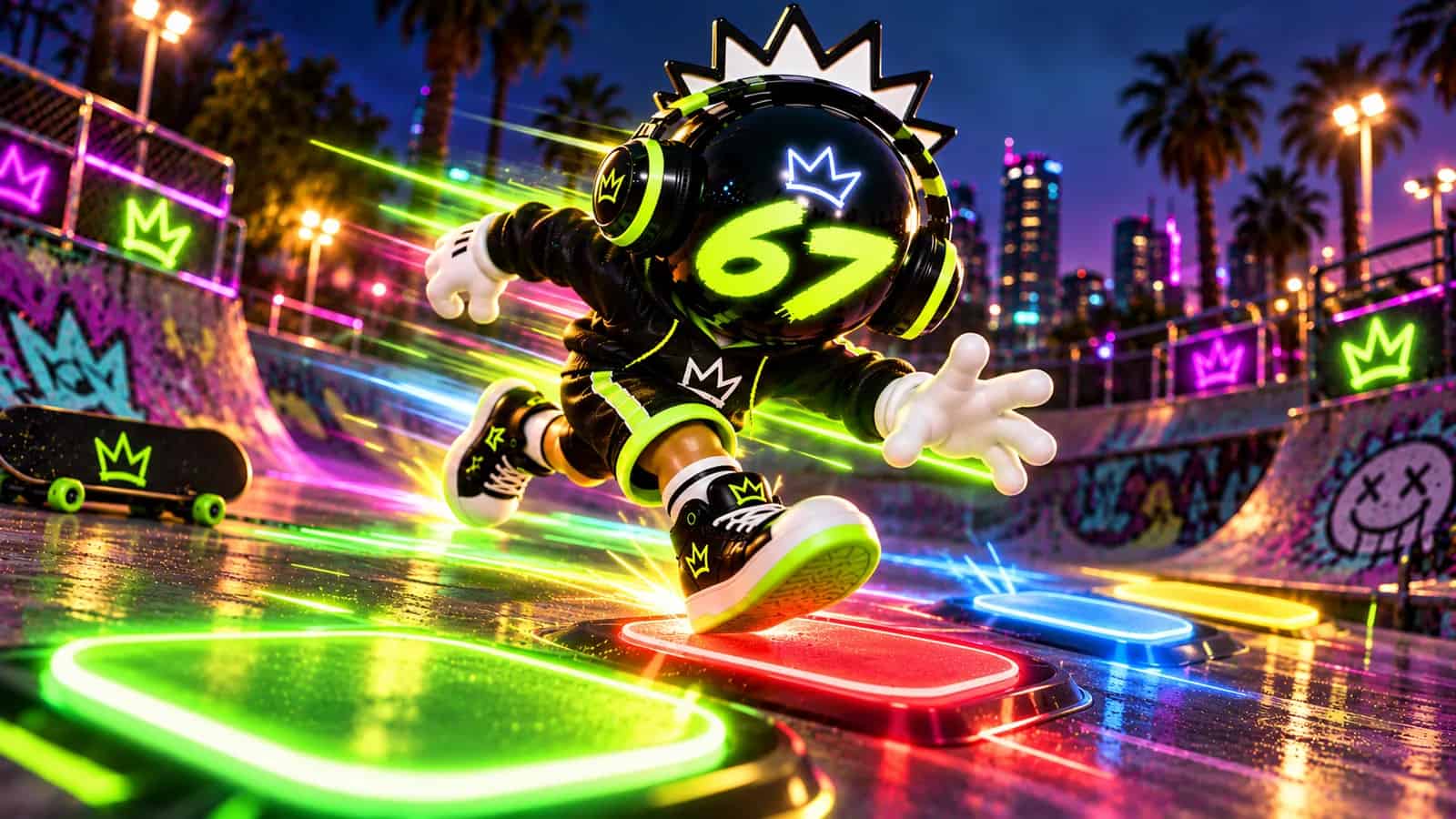 The 67 mascot sprinting between blurring glowing pads with motion streaks trailing behind it