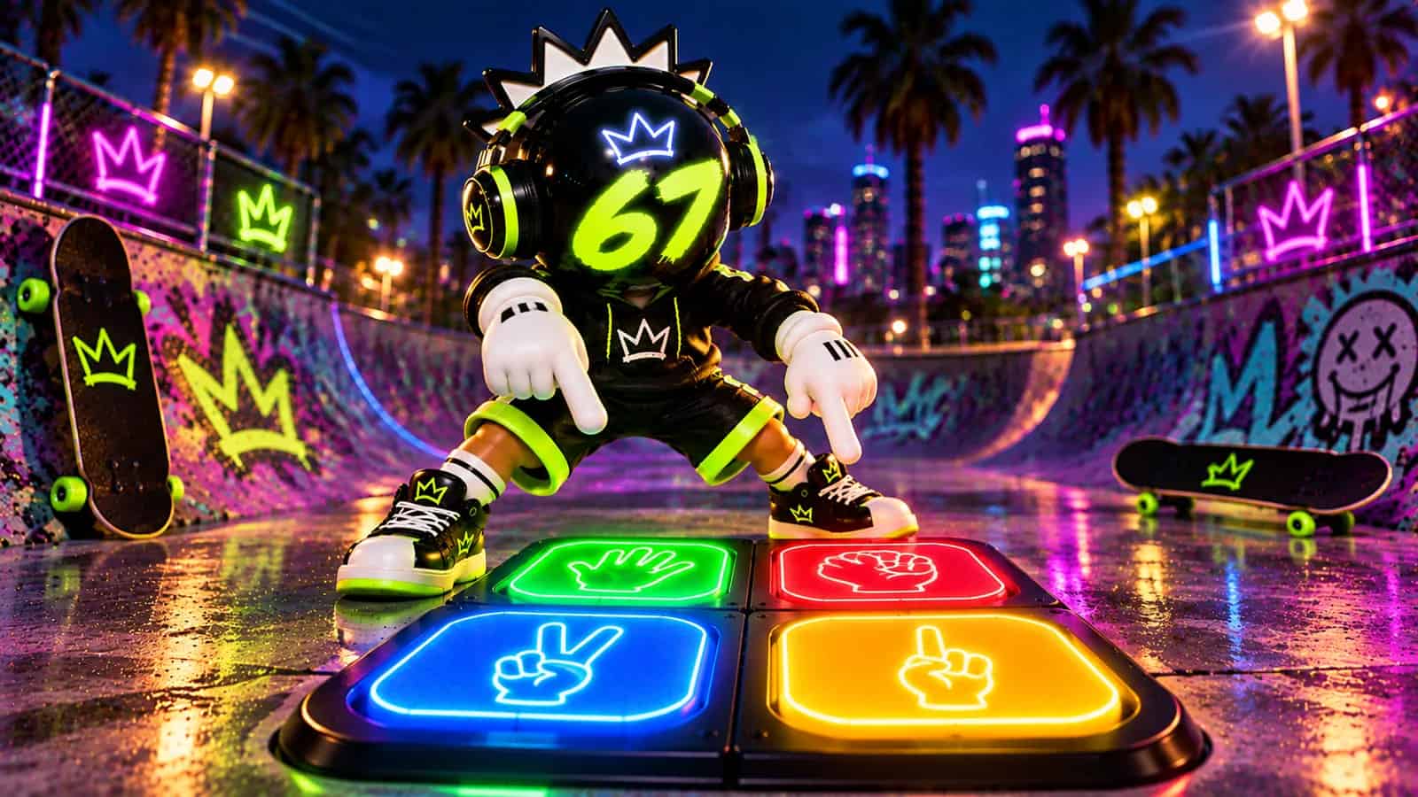The 67 mascot standing in a wide stance pointing at four glowing gesture pads arranged in a square
