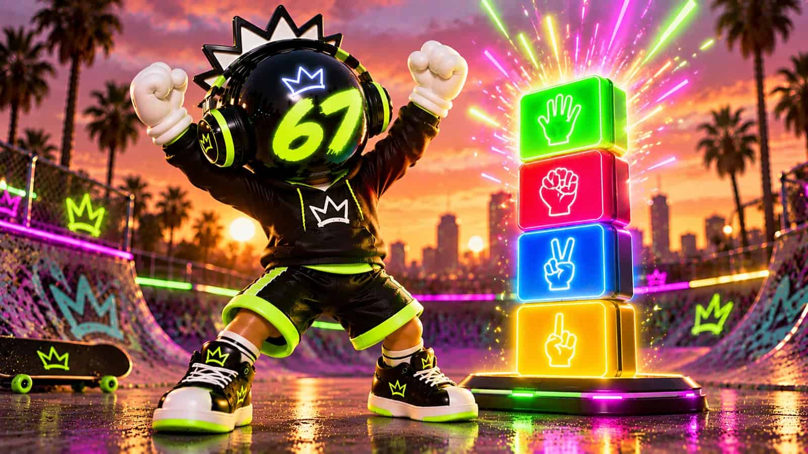 The 67 mascot celebrating with fists up as a lime and pink 67 combo text bursts above the tower
