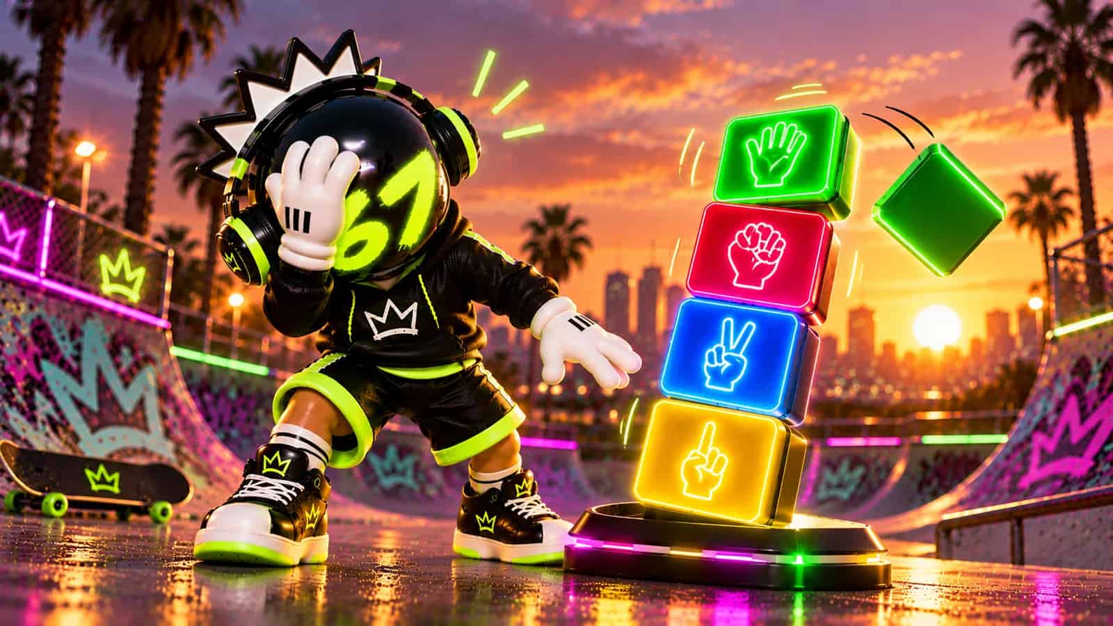The 67 mascot facepalming as a block tips off the edge of a wobbly neon tower