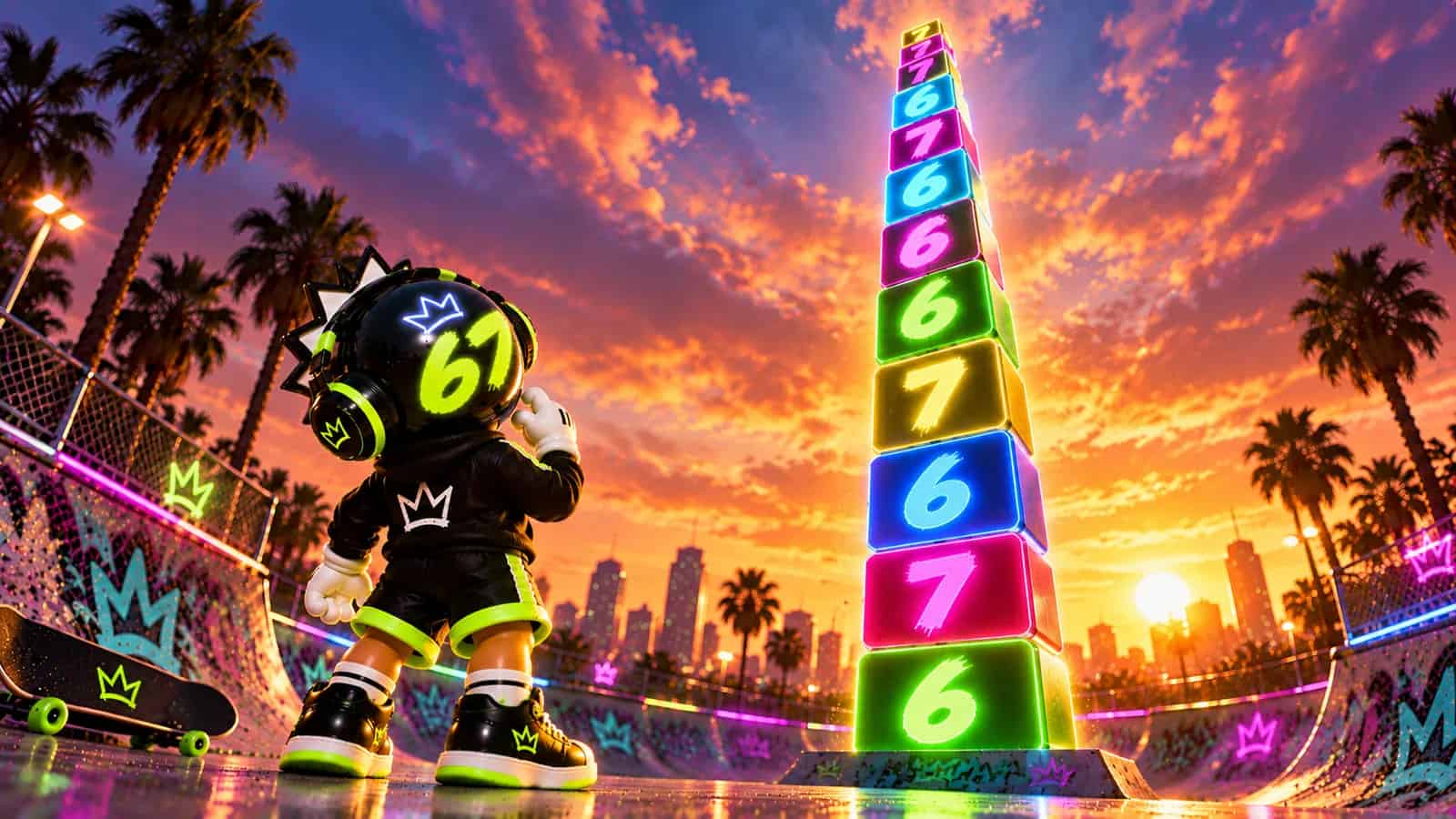 The 67 mascot looking up at a towering stack of glowing 6 and 7 blocks reaching into the sunset sky