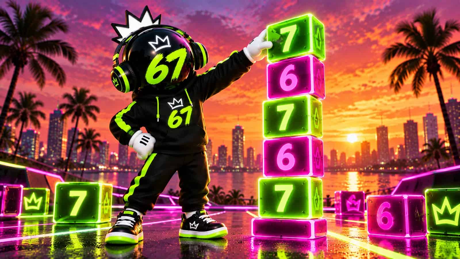 The 67 mascot standing beside a glowing neon tower of stacked 6 and 7 blocks at sunset