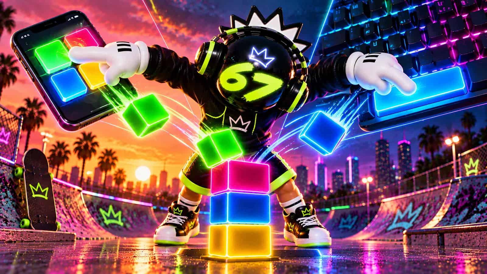 The 67 mascot split between a phone screen tap and a glowing keyboard space bar, both dropping blocks