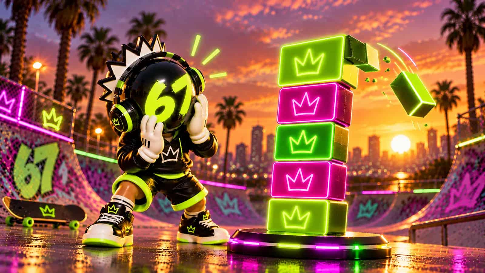 The 67 mascot watching a sliced neon block chunk fall away from the tower's edge
