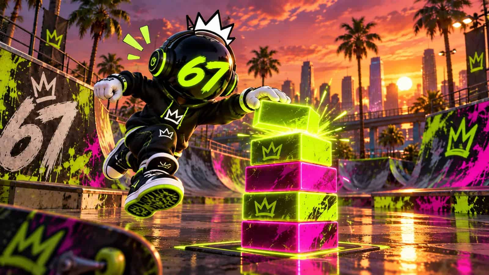 The 67 mascot mid-tap with a glowing block perfectly aligned above a neon tower